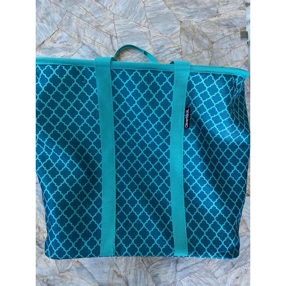 CleverMade SnapBasket Collapsible Reusable Tote Bag Teal Moroccan Tile Pattern